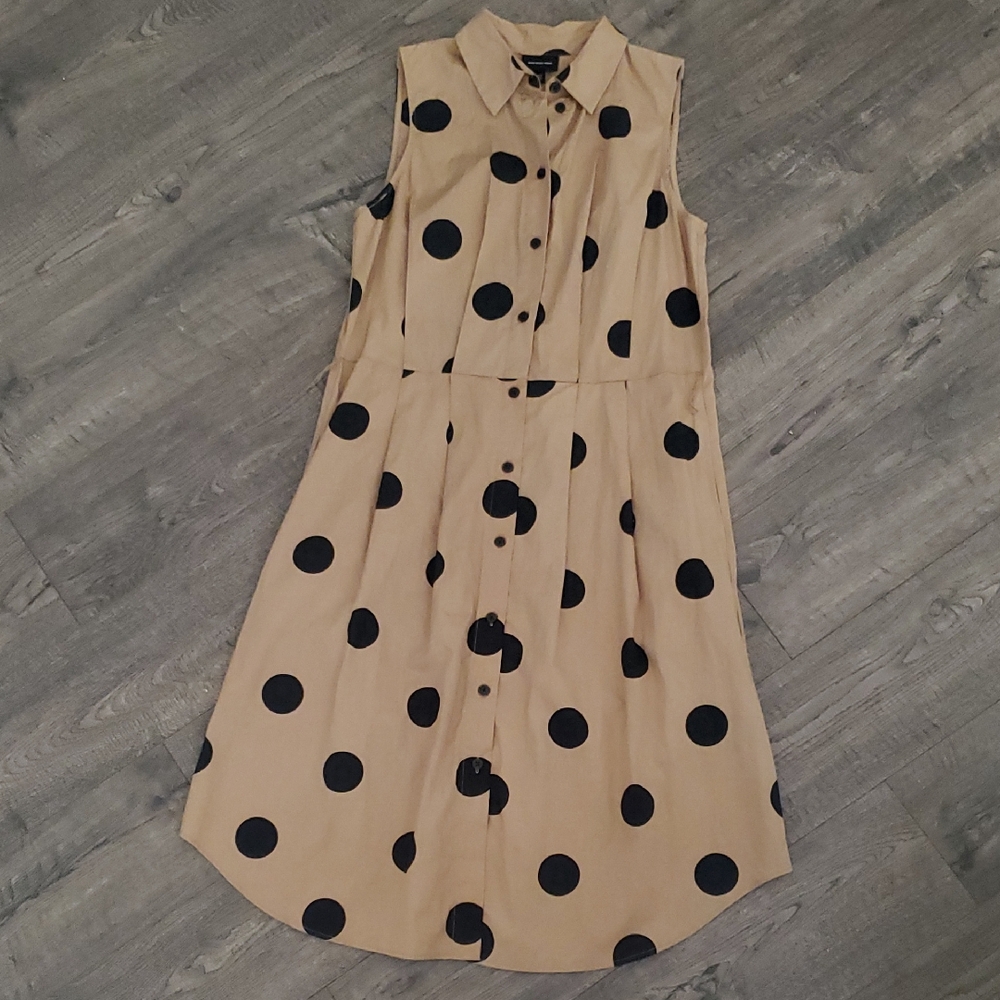 Who What Wear Beige Sleeveless Midi Dress with Black Polka Dots